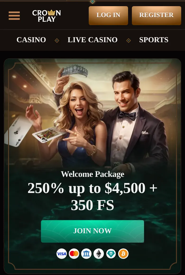 The official CrownPlay site on a phone with the Casino, Live Casino and Sports tabs