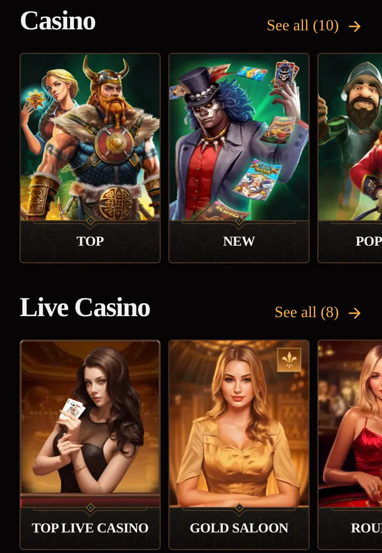 Casino and Live Casino sections in the official CrownPlay mobile lobby